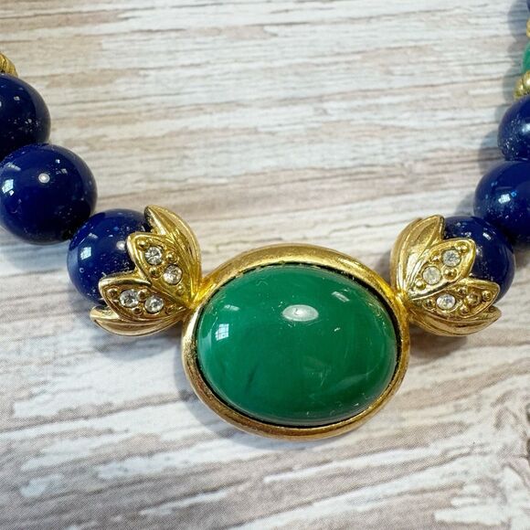 Vintage Avon Blue Green Gold Bead Necklace Rhinestone & Cabochon Center 20" - Picture 5 of 10